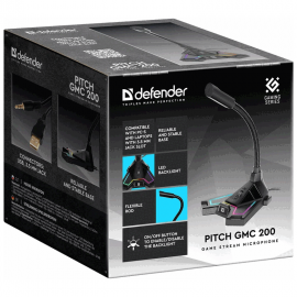 Микрофон игровой стрим Defender Pitch GMC 200 Jack 3,5 мм + USB, LED, провод 1.5 м