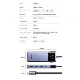 Хаб UGREEN CM888 (45155) UNO 7-in-1 4K@60Hz USB-C+3*USB-A+Ethernet+PD 100W+HD